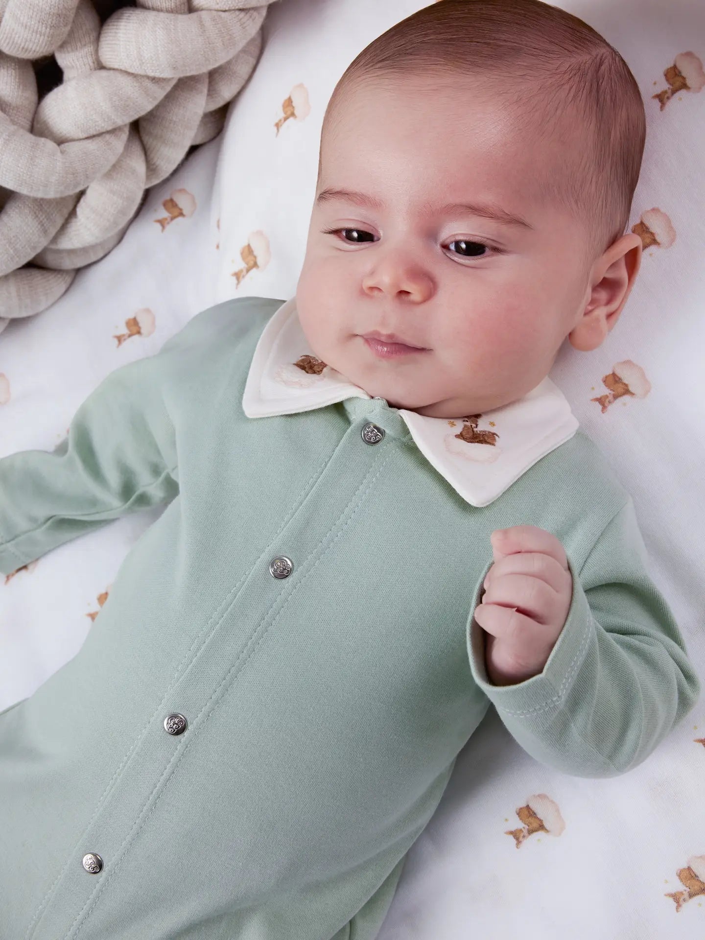 Deer Embroidered Collar Snap-Up Baby Pajama Jumpsuit