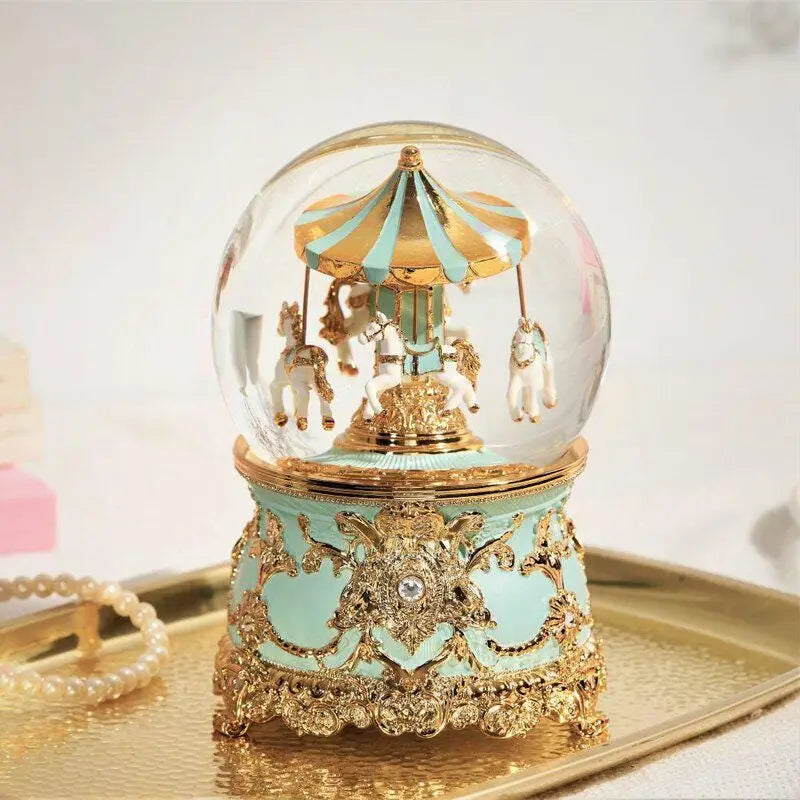 Luxury Snow Globe "Turquoise Carousel", Music Box