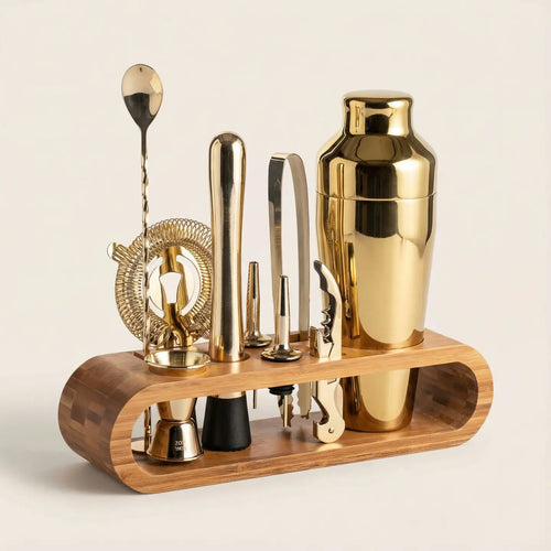 10-Piece Cocktail Shaker Set | Bamboo Stand | Mixology Set